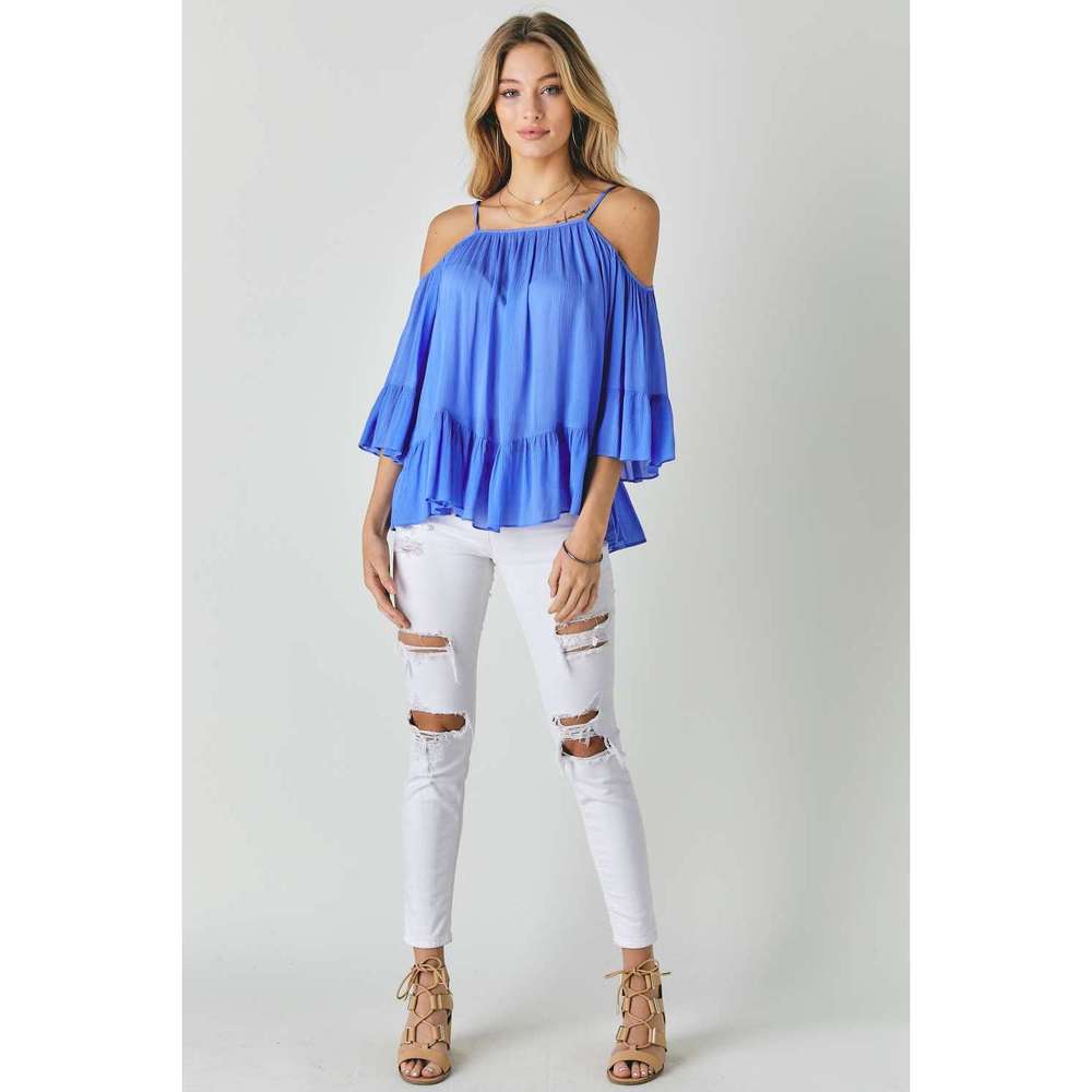 Ruffled Cold Shoulder Sheer Blouse Top - Picture 2 of 6